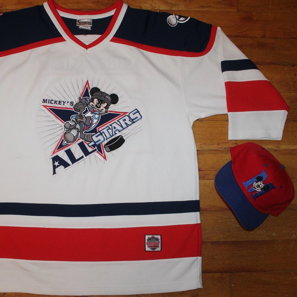 Vintage 90s Disney Mickeys All Stars  #28 Hockey Jersey + BNWOT Hat
